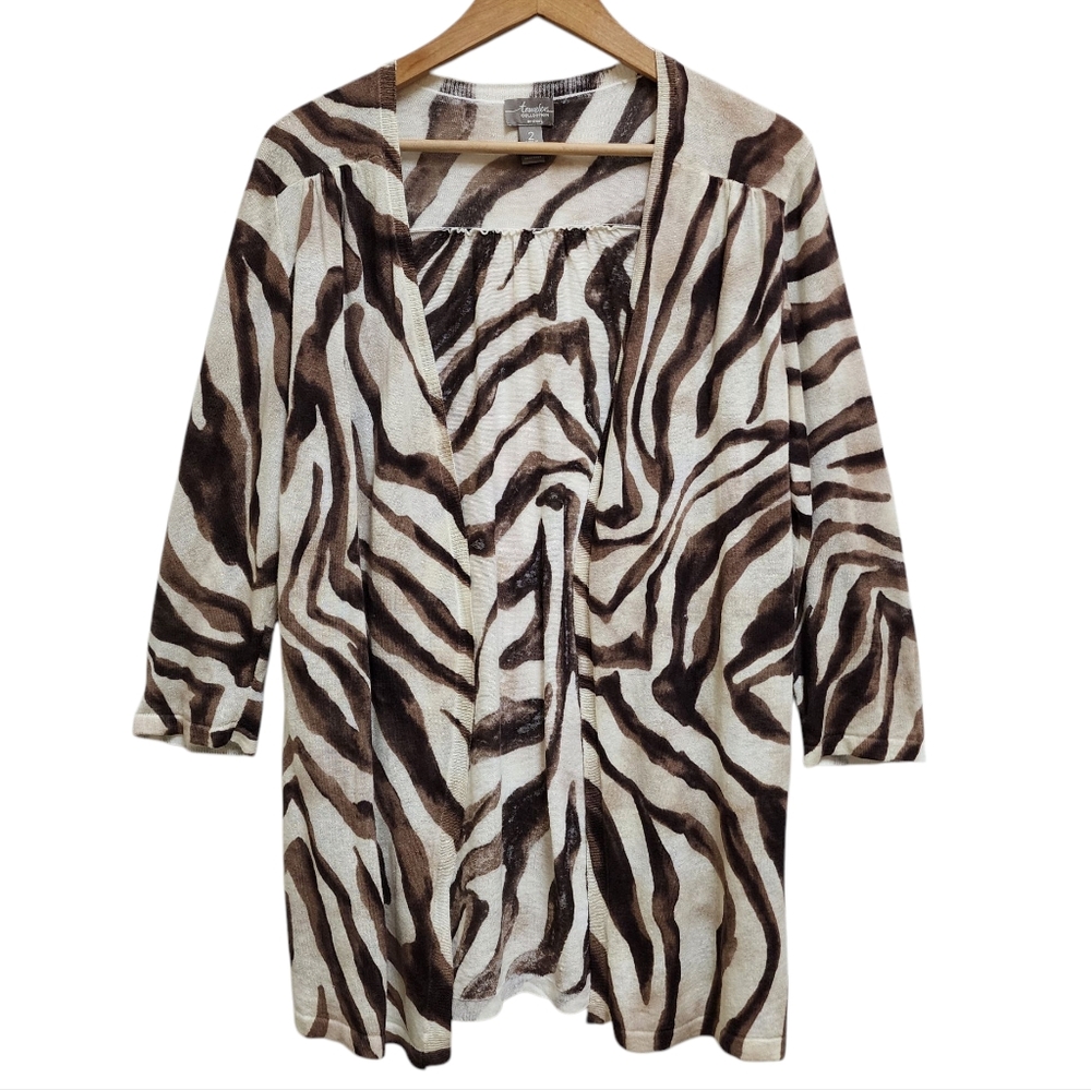 Chico's Travelers Cardigan Women L Brown Linen Blend Zebra Print Open 3/4 Sleeve